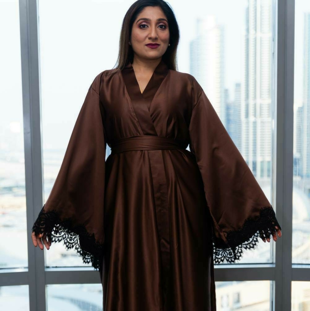 Ellectives Brown satin wide sleeve kimono, plus size robe